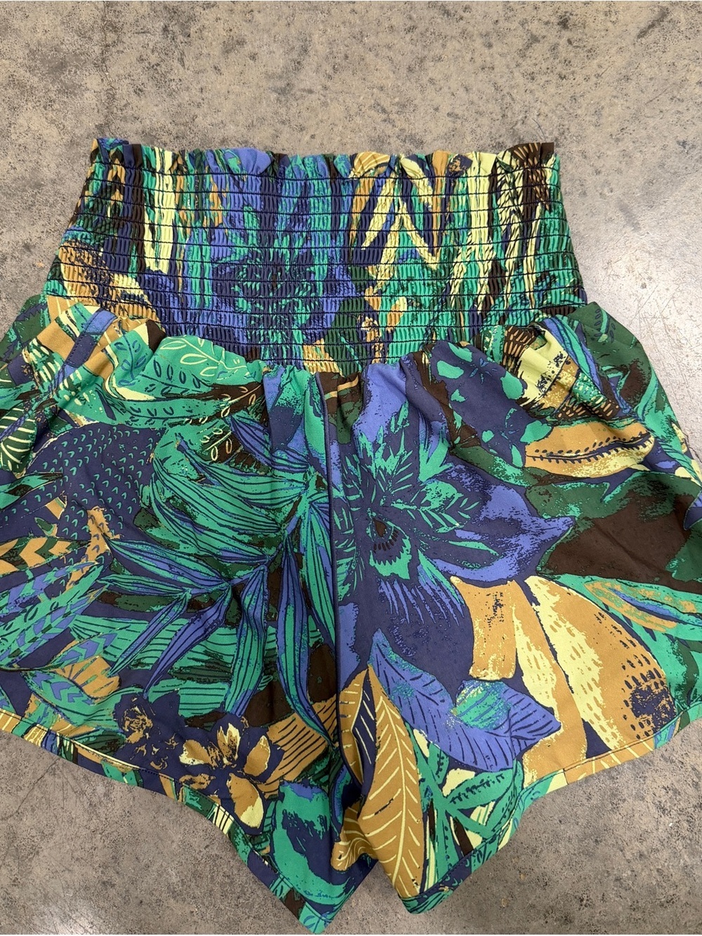 aerie offline Tropical Floral Smocked Waist Shorts - Green, Blue & Yellow - Picture 1 of 6